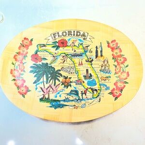 Vintage 70's Florida Souvenir Bamboo Oval Tray Collectible 16”x12” Beach Boho